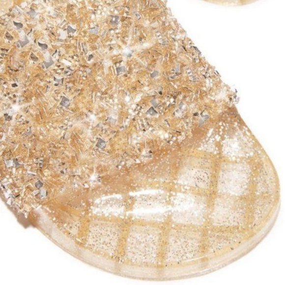 Shoes - Embellished Sparkle Jelly Slides in Gold